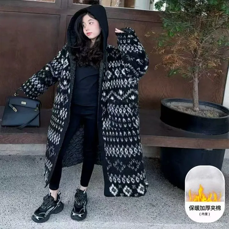 女童欧货连帽夹棉加厚长款棉衣外套2025秋冬装中大童棉服