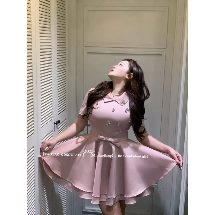 CD.soul【京都贵女】微胖气质千金贵气缎面重工钻蝴蝶结蓬蓬连衣裙