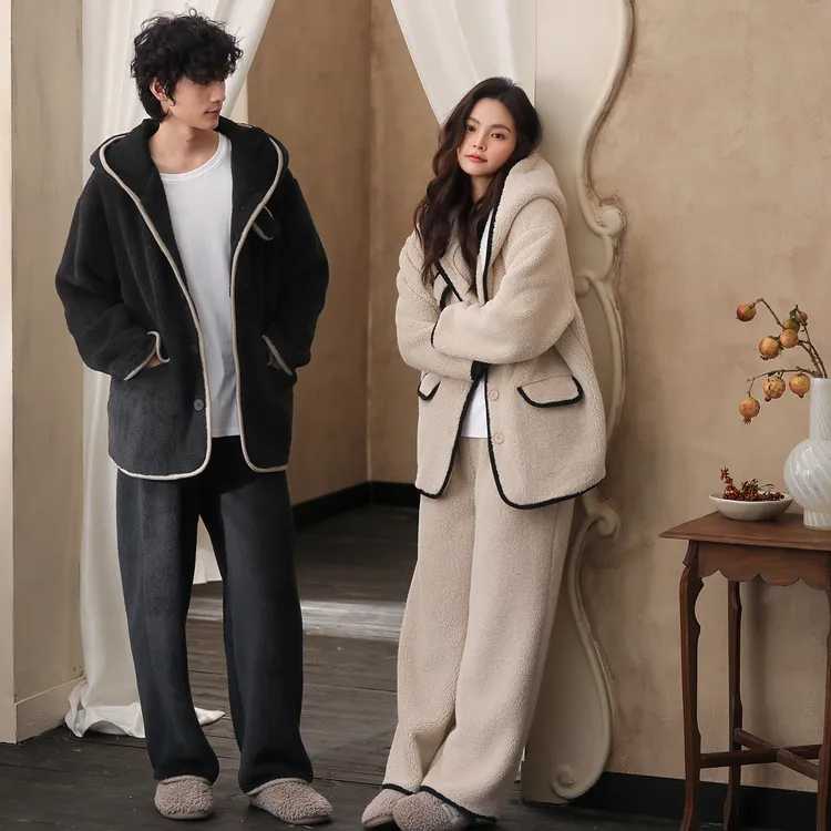 情侣睡衣冬季加绒加厚保暖可外穿珊瑚绒男女一对家居服秋冬可外穿
