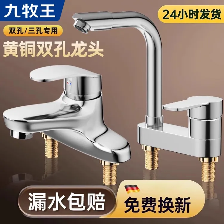 旗舰款全铜卫生间洗脸盆双孔水龙头冷热水二合一头洗手池水龙头