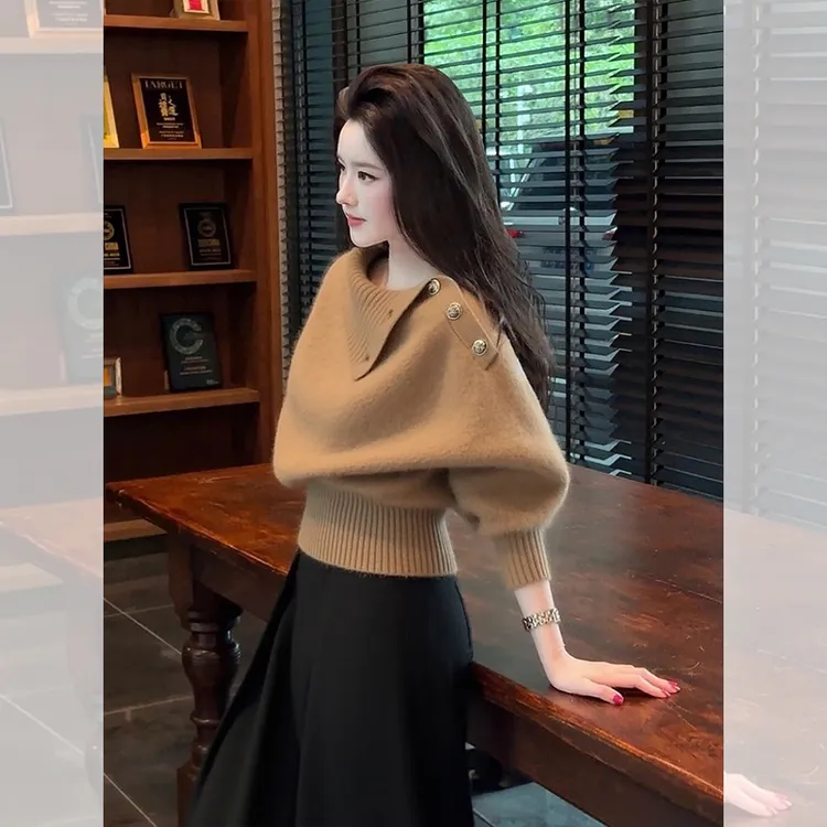 时尚轻熟气质淡人高知穿搭棕色毛衣女2025新款秋冬设计感针织上衣