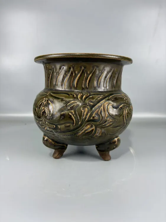 手工制作麒麟老物件耀州窑缠枝青瓷蓝釉龙纹陶瓷摆件浮雕工艺品