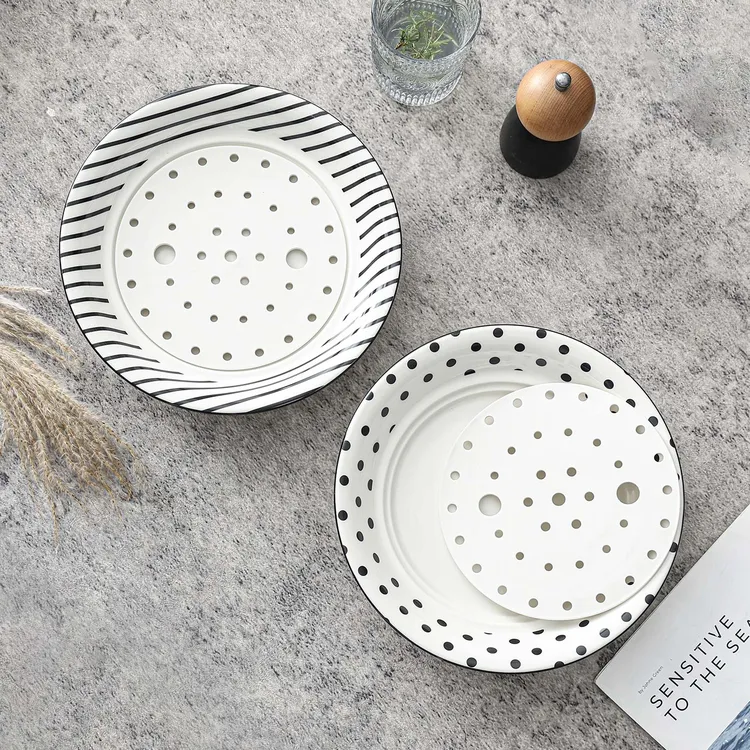 陶瓷蒸盘双层捞饺子沥水盘赫本风餐盘家用饺子盘水果盘隔水控油盘