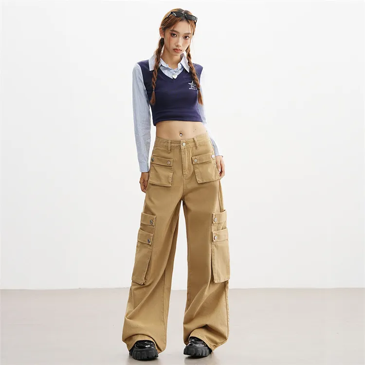 尚诺飞【纯棉】高腰多口袋休闲运动牛仔裤女宽松健身阔腿长裤秋季