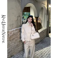KUN【雾港呢喃】宝藏单品 流苏菱形格纹不挑风格小立领米白百搭外套