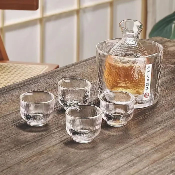 透明金边锤纹简约复古风酒具套件温酒器酒具清酒杯套装冰酒器礼盒