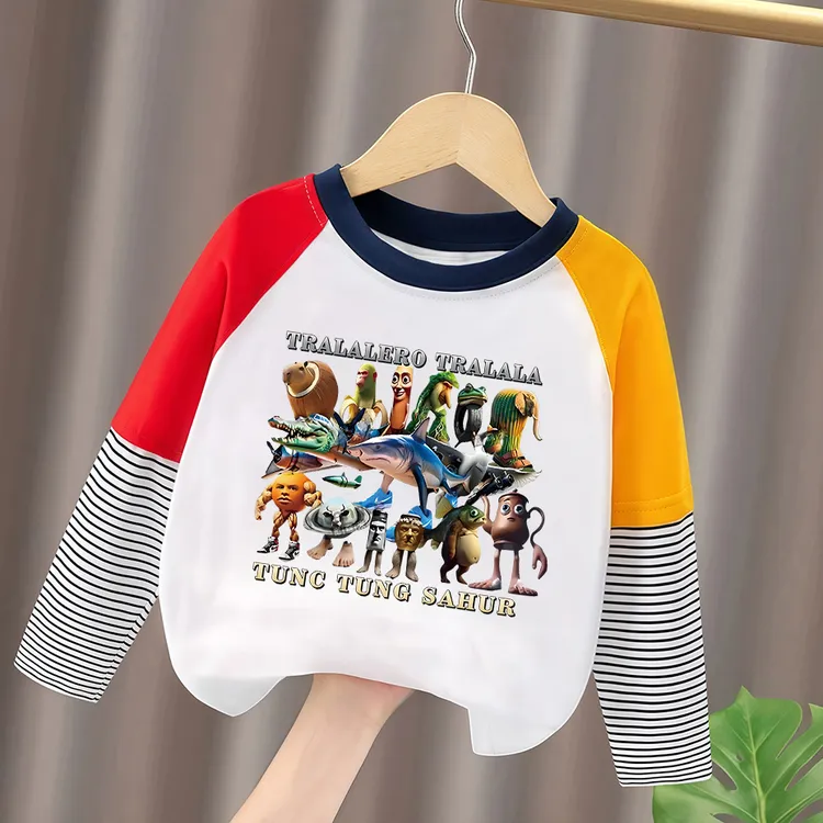 外国山海经春秋男童长袖休闲风女童T恤儿童小童中大童假两件秋季