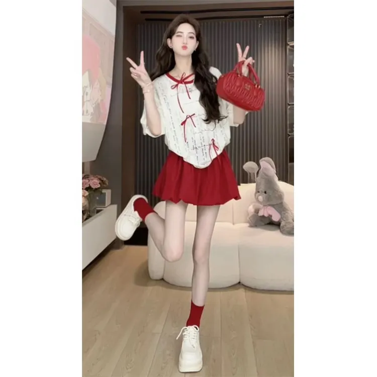 甜美两件套蝴蝶结设计感短袖上衣2025夏季新款红色减龄半身裙套装