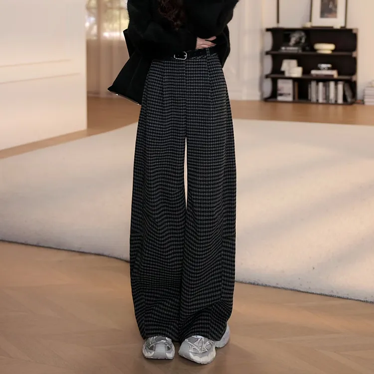 【YANYAN】(送腰带）格子毛呢加厚休闲裤女小个子秋季阔腿长裤5488