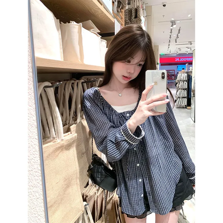 格子衬衫外套女宽松休闲衬衣上衣薄款防晒外套蕾丝网纱半身裙短裙