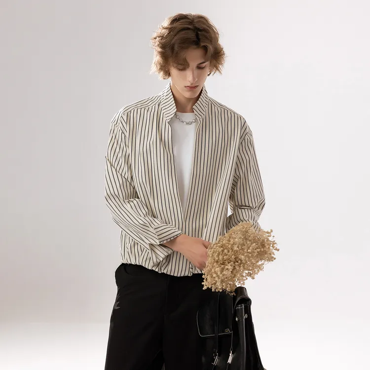 CHOR痞帅条纹假两件长袖休闲衬衫秋季男士小众潮流文艺老钱风衬衣