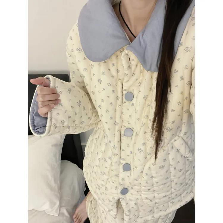 【DMXJ大梦想家】甜美可爱碎花三层夹棉睡衣女款棉服保暖家居服套装