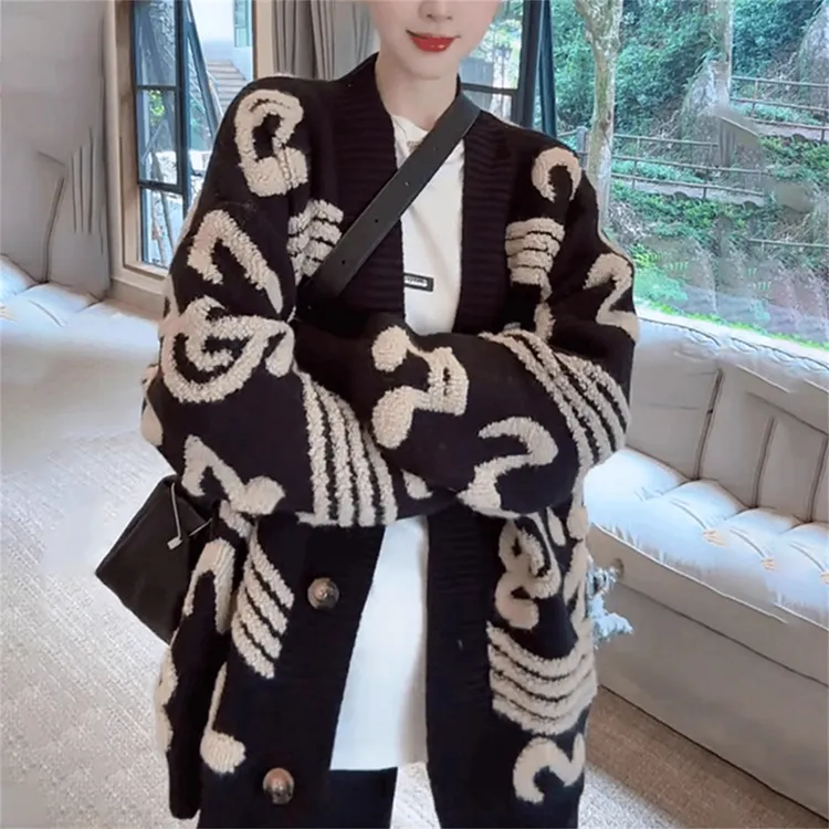 撞色毛衣开衫外套女秋冬大码宽松慵懒风高级感中长款加厚针织上衣