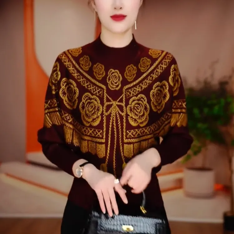 复古风拼色提花烫钻半高领针织衫秋冬新款气质时尚百搭打底衫毛衣