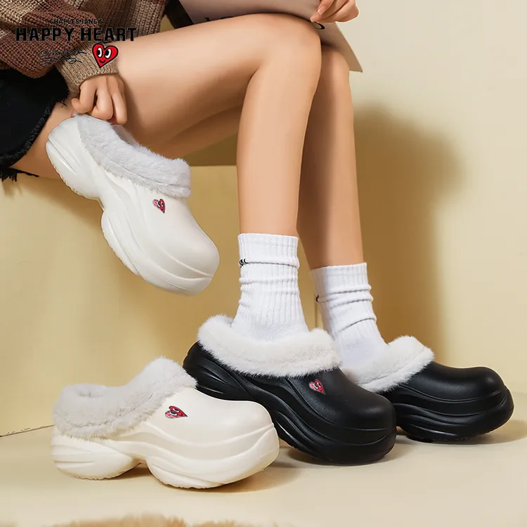 查尔斯桃心棉拖鞋女款冬季毛毛加绒保暖厚底一脚蹬博肯鞋厨师鞋