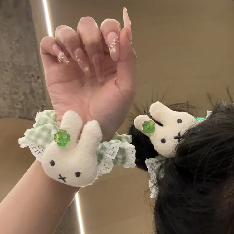 夏日绿色格子可爱米菲四叶草发圈大肠圈甜美少女后脑勺头绳发饰