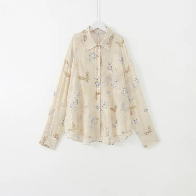 几里与麻 设计感蝴蝶印花气质衬衫 衣长71 胸围120 2030347