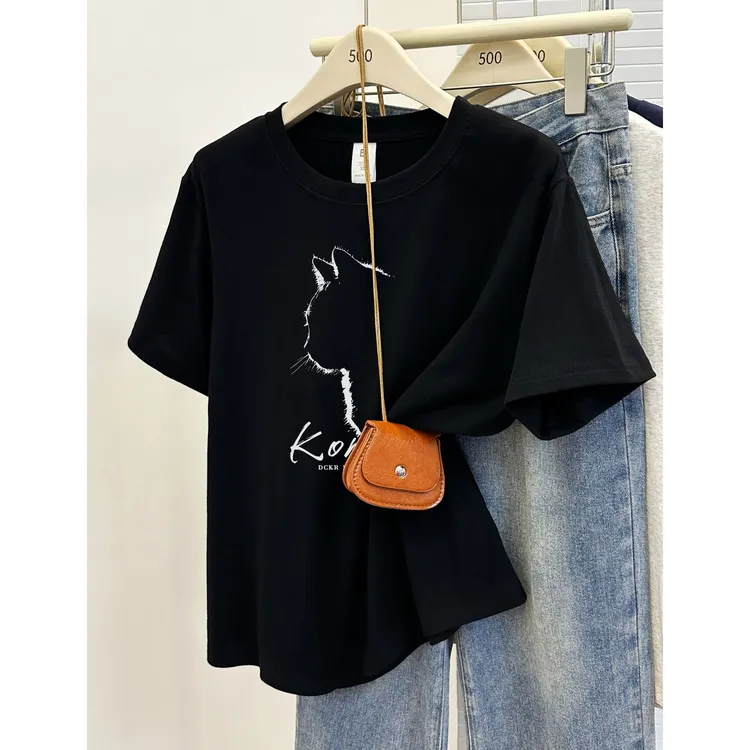 韩版小众设计感猫咪印花正肩短袖T恤大码女装胖mm显瘦穿搭上衣潮