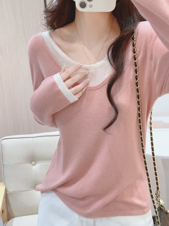 撞色假两件针织衫长袖衣服女秋季新款温柔风软糯内搭毛衣打底上衣