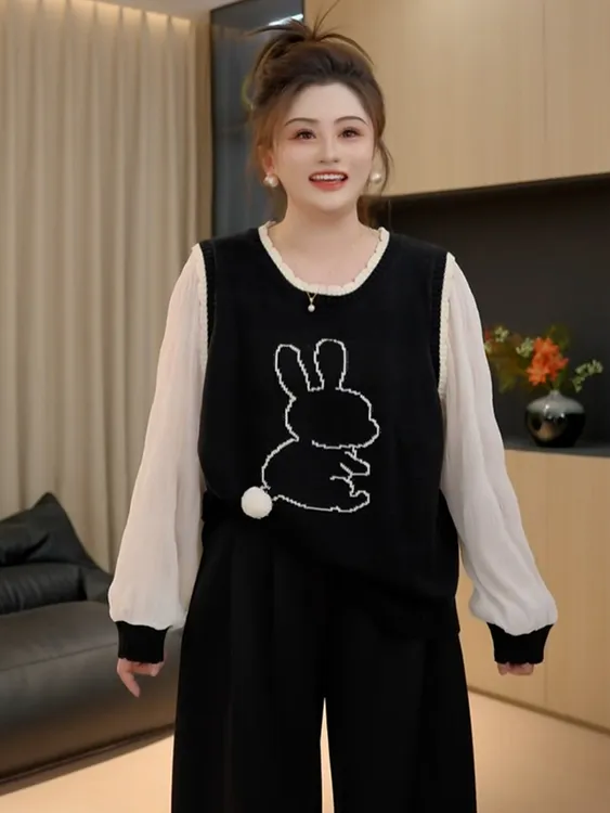 胖佳大码撞色花边假两件针织衫女秋季胖mm宽松巨显瘦内搭外穿上衣