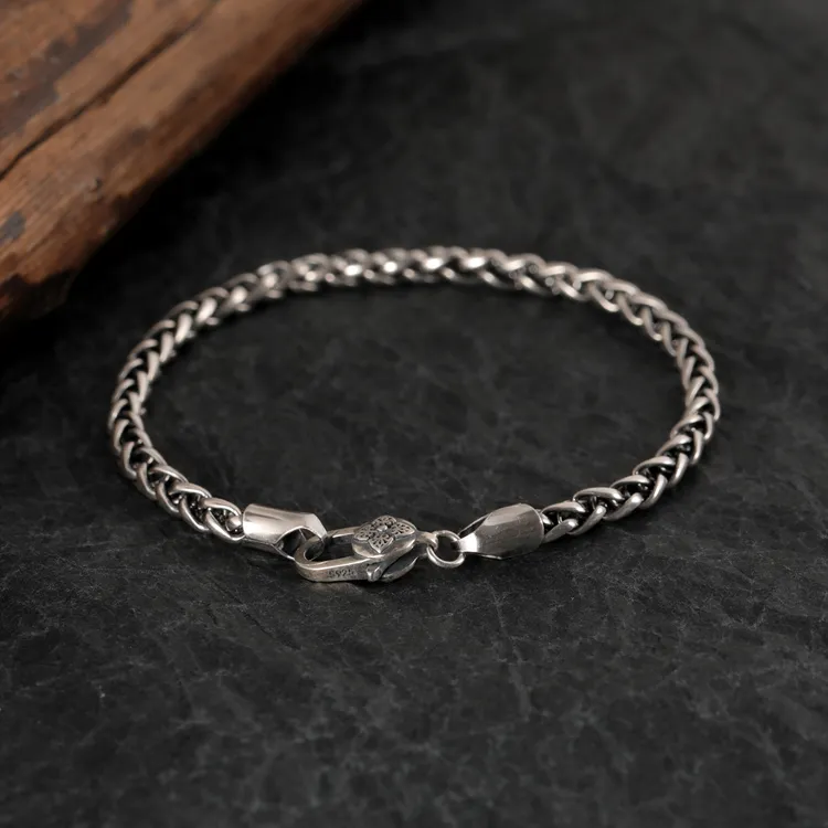 925银手链 龙骨链手链情侣款复古做旧嘻哈编织花纹图腾朋克手环