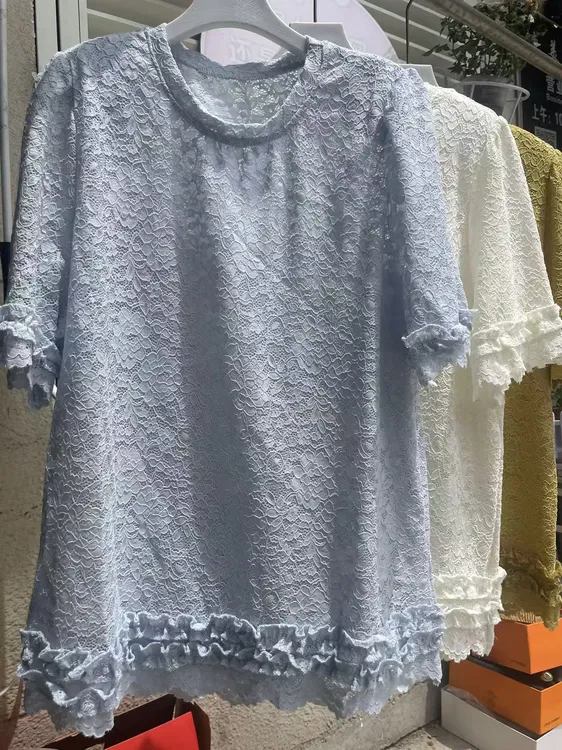 2025新款时尚百搭显瘦圆领镂空蕾丝短袖T恤女