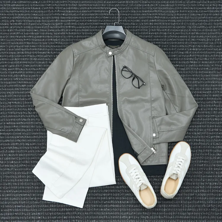 There isrice美式休闲立领PU软皮衣男士骑行复古机车服皮夹克外套