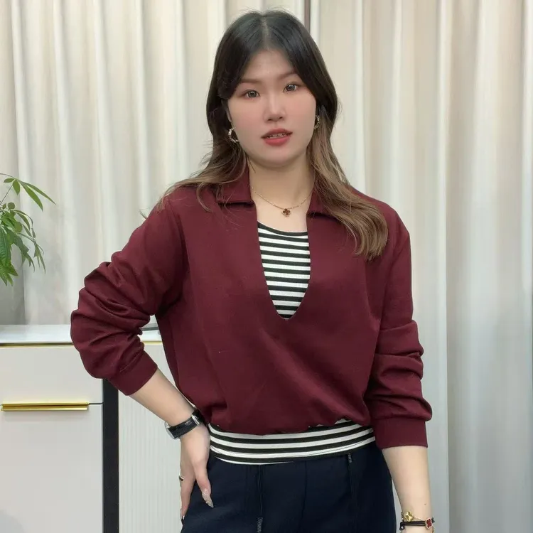 小鑫肝@早秋款翻领撞色条纹针织衫长袖真两件套 5922