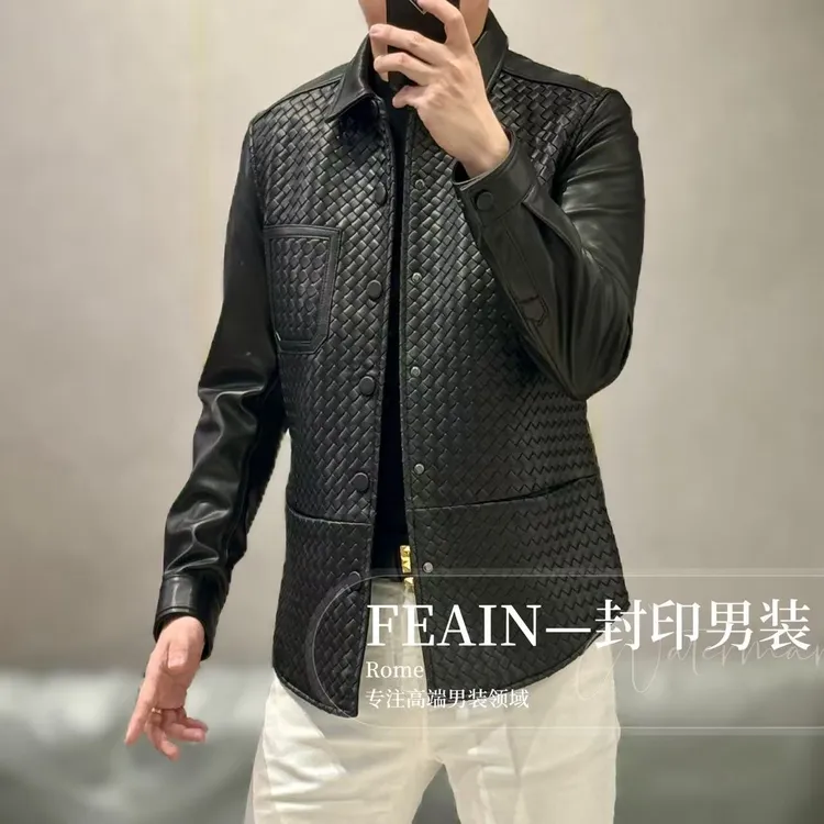 【真皮编织】高端男士手工编织进口羊皮衬衫式夹克2550