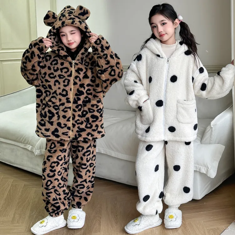 2025网红女大童儿童睡衣法兰绒套装加厚保暖豹纹女童珊瑚绒家居服