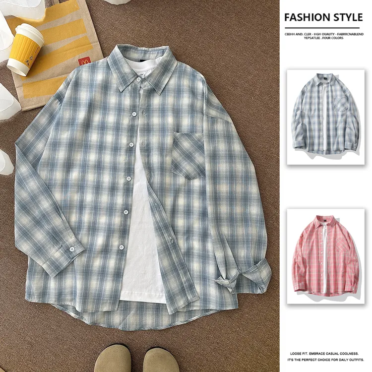 夏季纯棉轻薄防晒长袖衬衫韩系慵懒感蓝色衬衫情侣款宽松格子外套