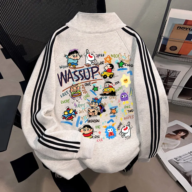 WASSUP HSUBE蜡笔小新印花开衫立领卫衣棒球服高街潮牌男女情侣款