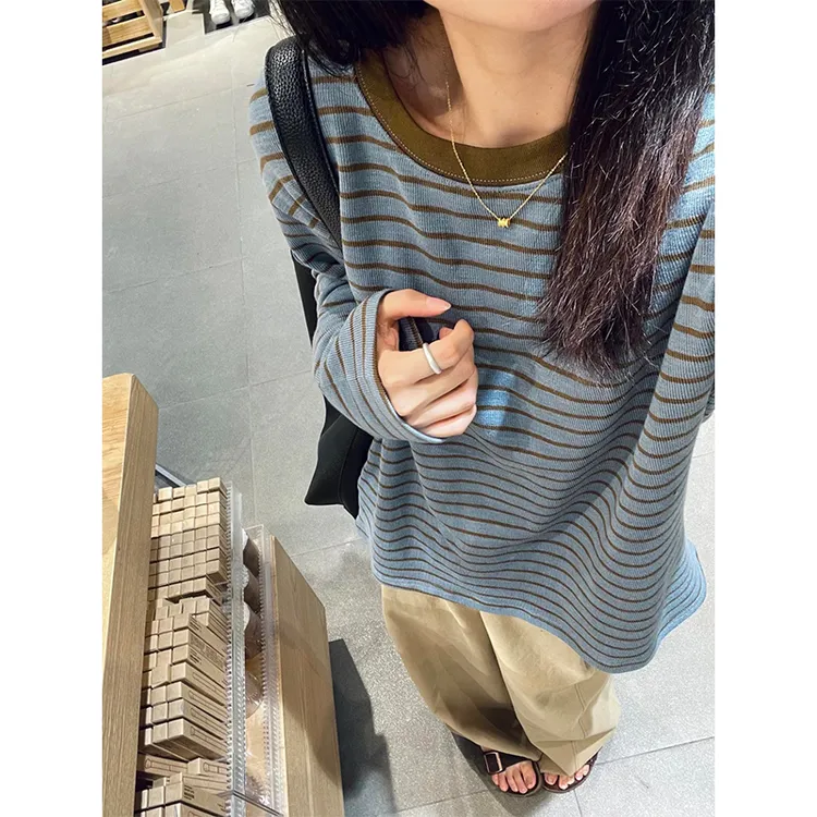 女装春秋时尚套装长袖条纹日系打底T恤外穿内搭显瘦撞色慵懒宽松
