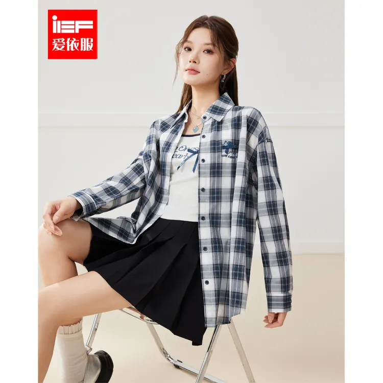 IEF/爱依服2025春夏新款韩版时尚小众格子宽松衬衫外披欧若风