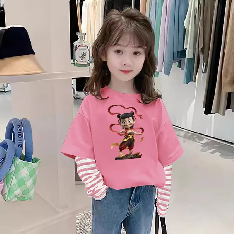 2025哪吒同款儿童纯棉新款假两件长袖T恤春秋女童打底外穿上衣ins
