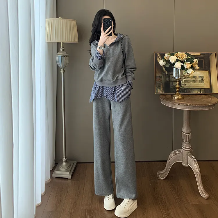 秋季小个子拼接套装韩版时尚洋气减龄连帽卫衣阔腿裤宽松显瘦女装