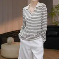 MOON【浣溪沙】复古Polo领时尚休闲薄款百搭防晒条纹T9596