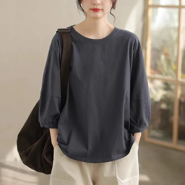 【正品】松弛感纯棉七分袖T恤女2025夏新款圆领纯色休闲灯笼袖上衣