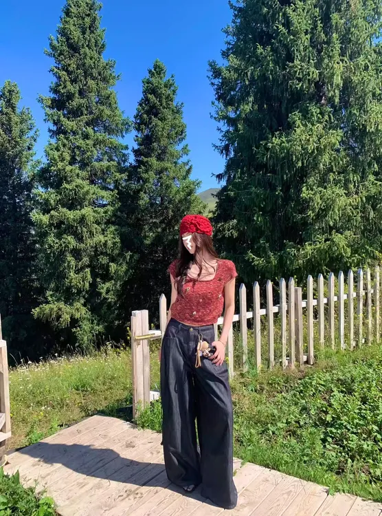 温柔风穿搭时髦套装扎染短袖针织衫上衣女装夏季阔腿牛仔裤两件套