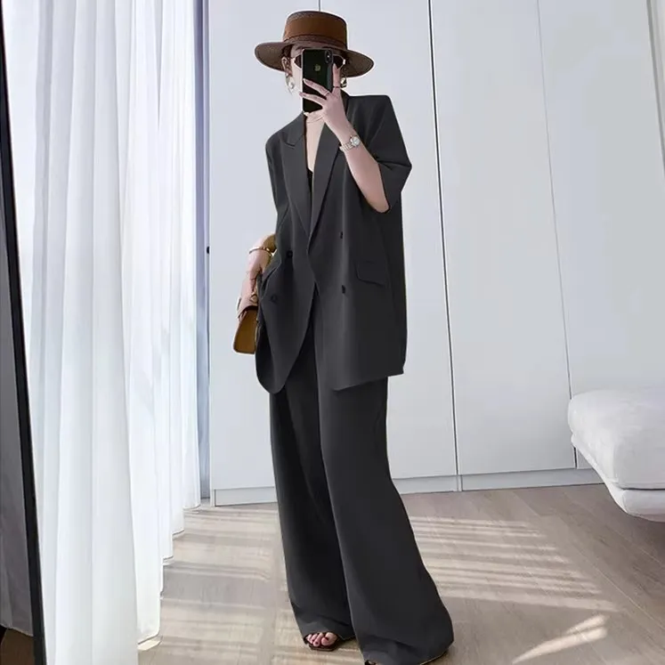 胖mm显瘦大码气质西装套装女薄款夏季高级感短袖西服阔腿裤两件套
