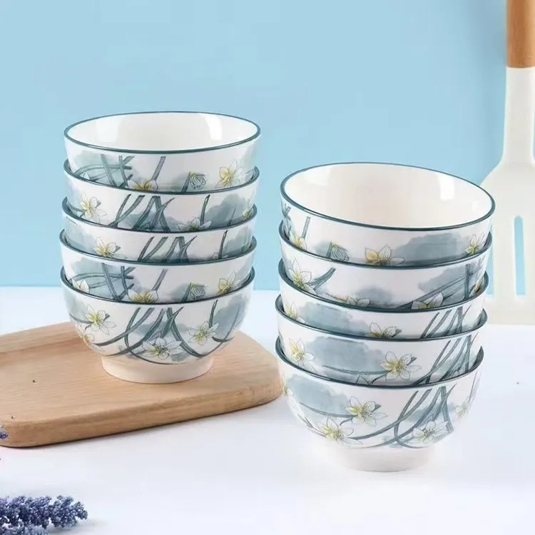 10个装陶瓷碗吃饭家用釉下彩4.5英寸小号米饭碗清仓批发餐具瓷碗