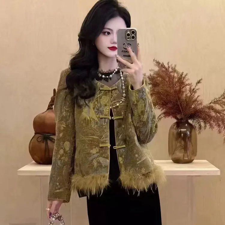 新中式文艺复古风鸵鸟毛优雅高级感百搭秋冬2025年黄色织锦提花加