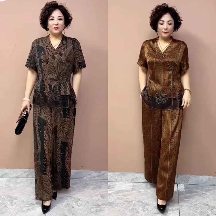 夏季中老年妈妈仿真丝贵夫人短袖上衣阔腿裤宽松大码仿桑蚕丝两件