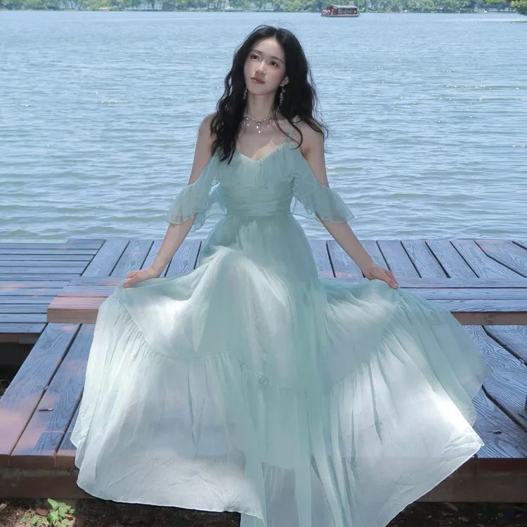 【现货+运贴5米】度假风吊带连衣裙子女夏季气质收腰长裙5120