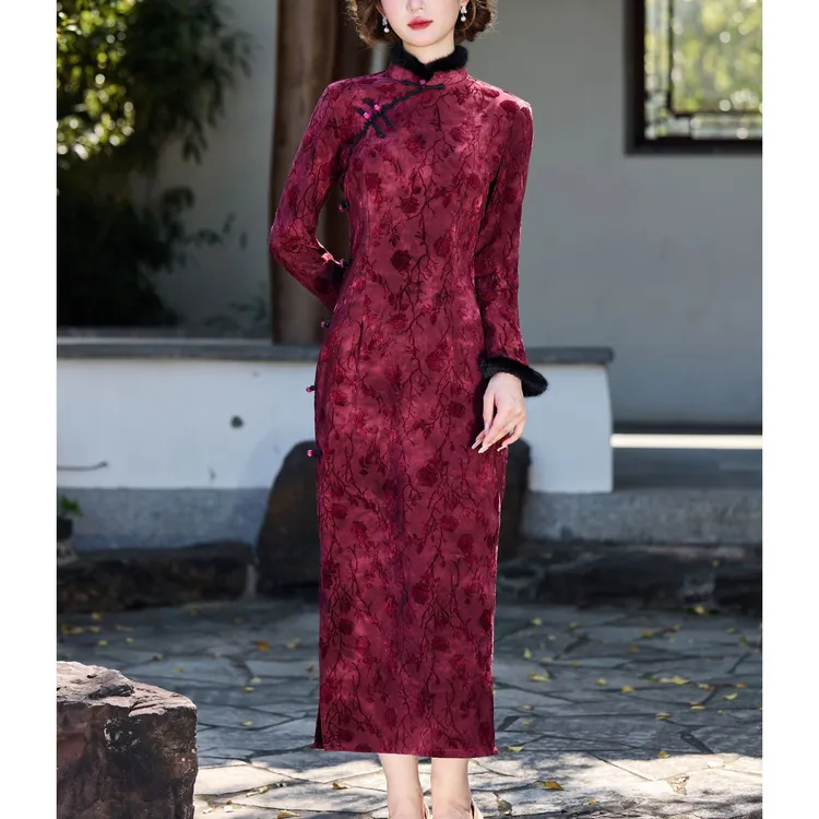 瓷萱【疏影】冬款改良旗袍国风设计师低开衩提花优雅气质加绒旗袍裙