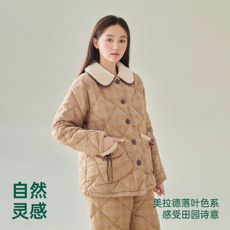 安之伴时尚格子家居服女士冬季三层夹棉锁温睡衣套装82451122699