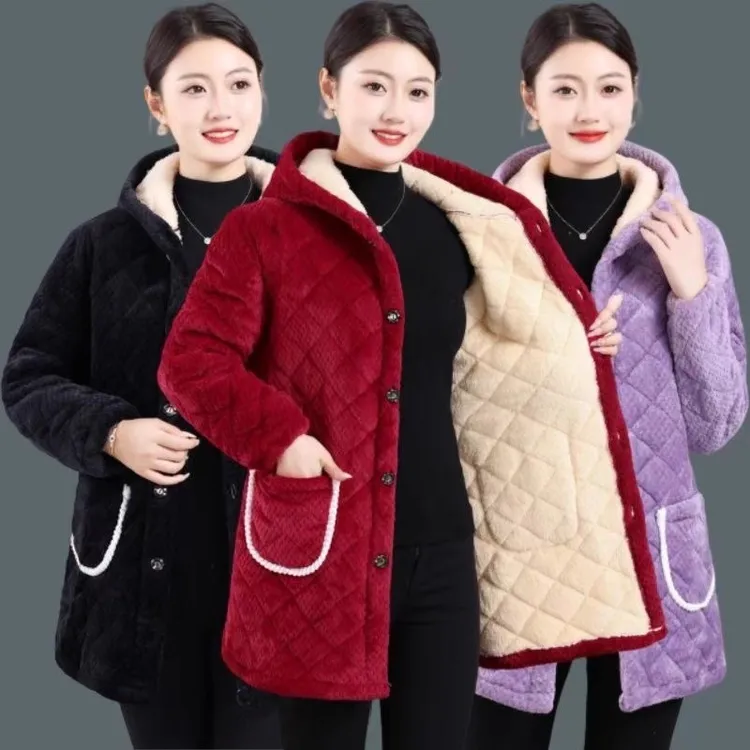 中长款带帽棉衣棉服女加绒加厚罩衣保暖工作服三层夹棉家居服外套