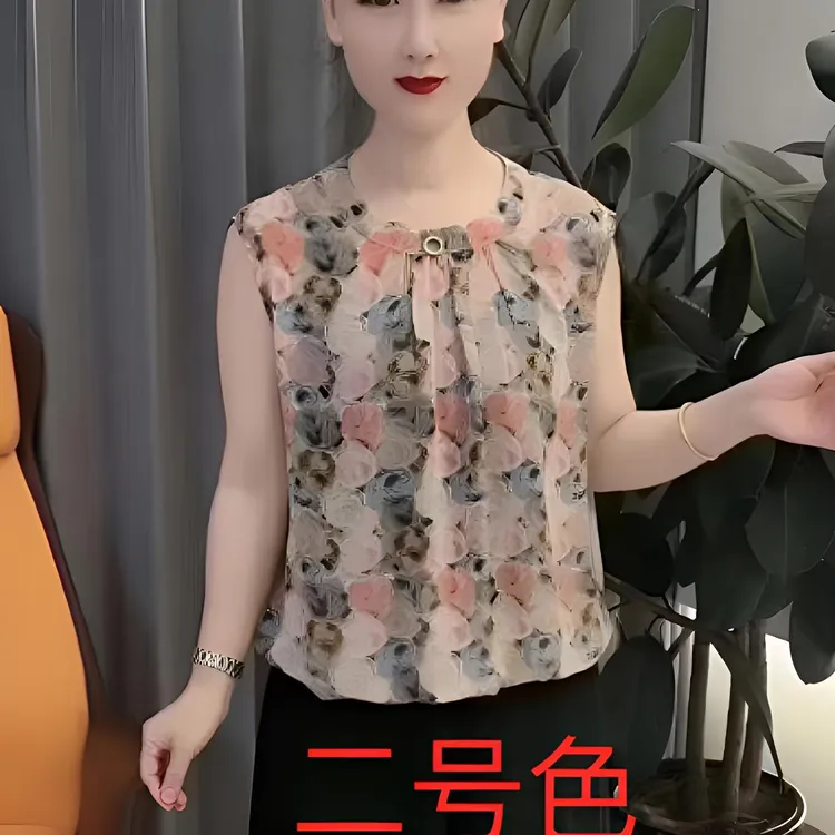 洋气时尚夏季宽松印花无袖碎花圆领女士外穿背心妈妈装百搭显瘦