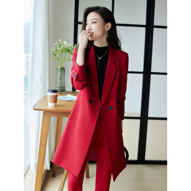 加厚夹棉酒红色西装外套女秋冬新款职业装中长款风衣大衣西服套装