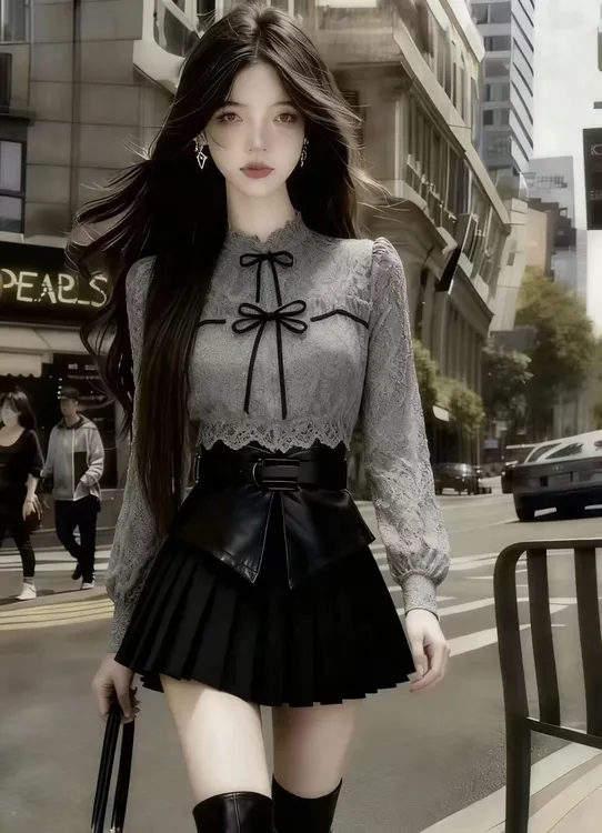 韩版日常氛围感通勤风灰色蕾丝立领长袖上衣+黑色百褶半身裙套装